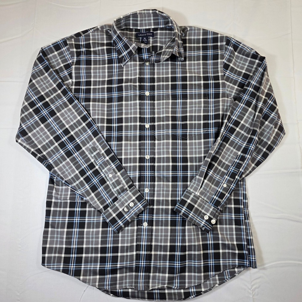 Lands End Mens Plaid Button Down Shirt Black Blue Grey Traditional Fit Medium